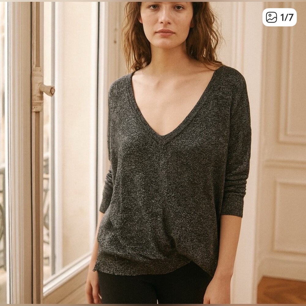 JOIE Calee Metallic V-Neck Black Sweater Size M